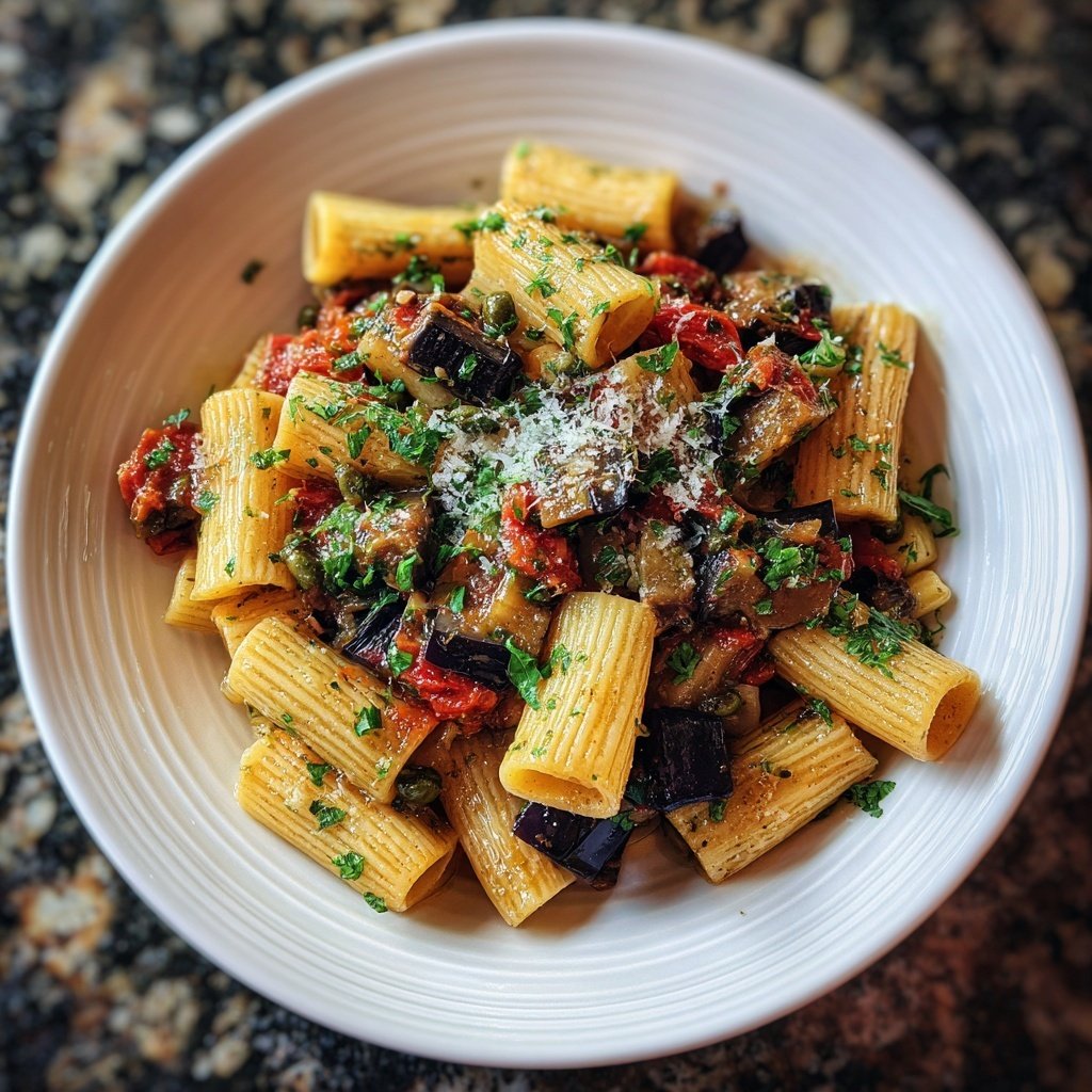 Rigatoni mit Auberginen und Kapern