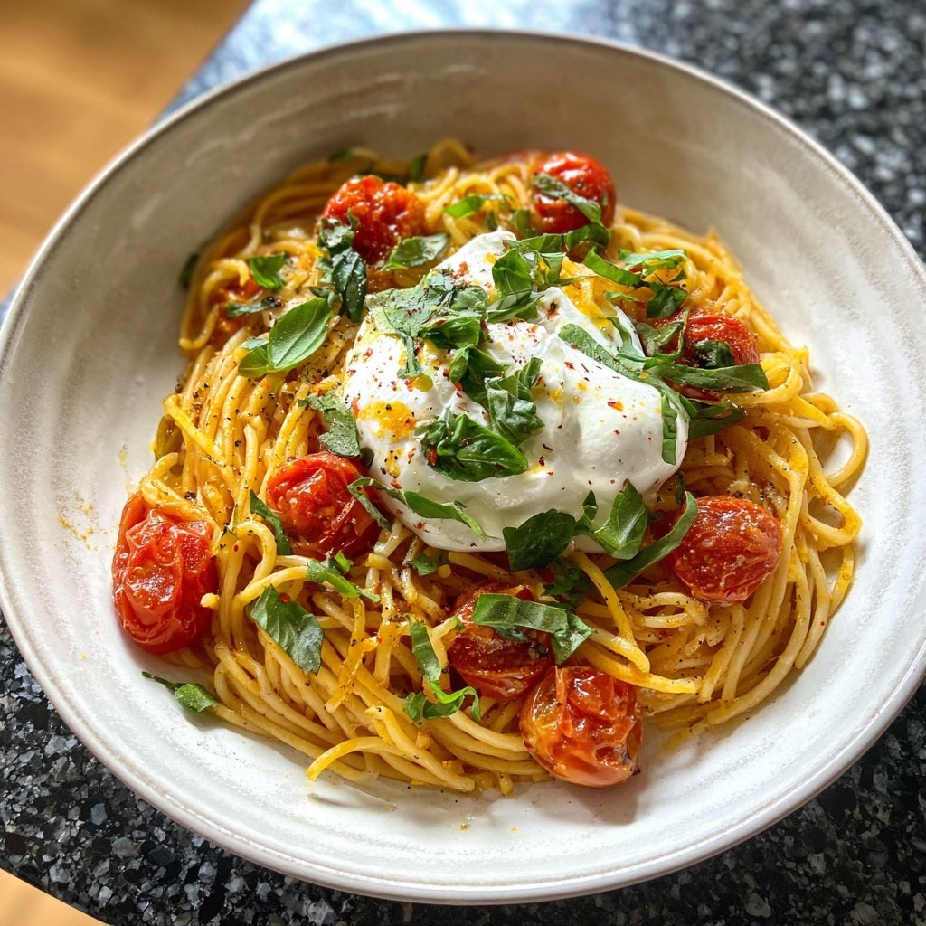 Spaghetti mit Tomaten und Burrata